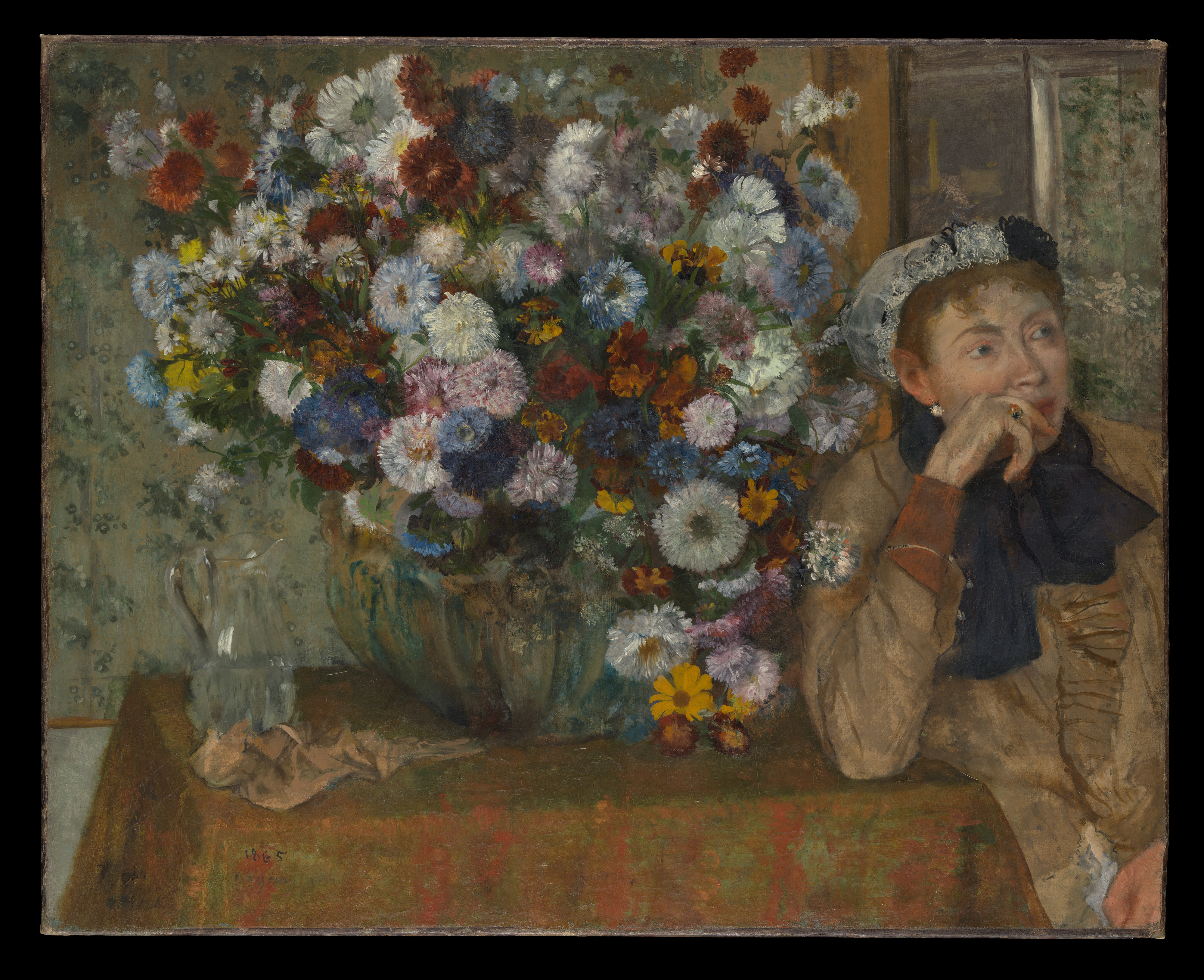 A Woman Seated beside a Vase of Flowers (Madame Paul Valpinçon?), Edgar Degas, 1865